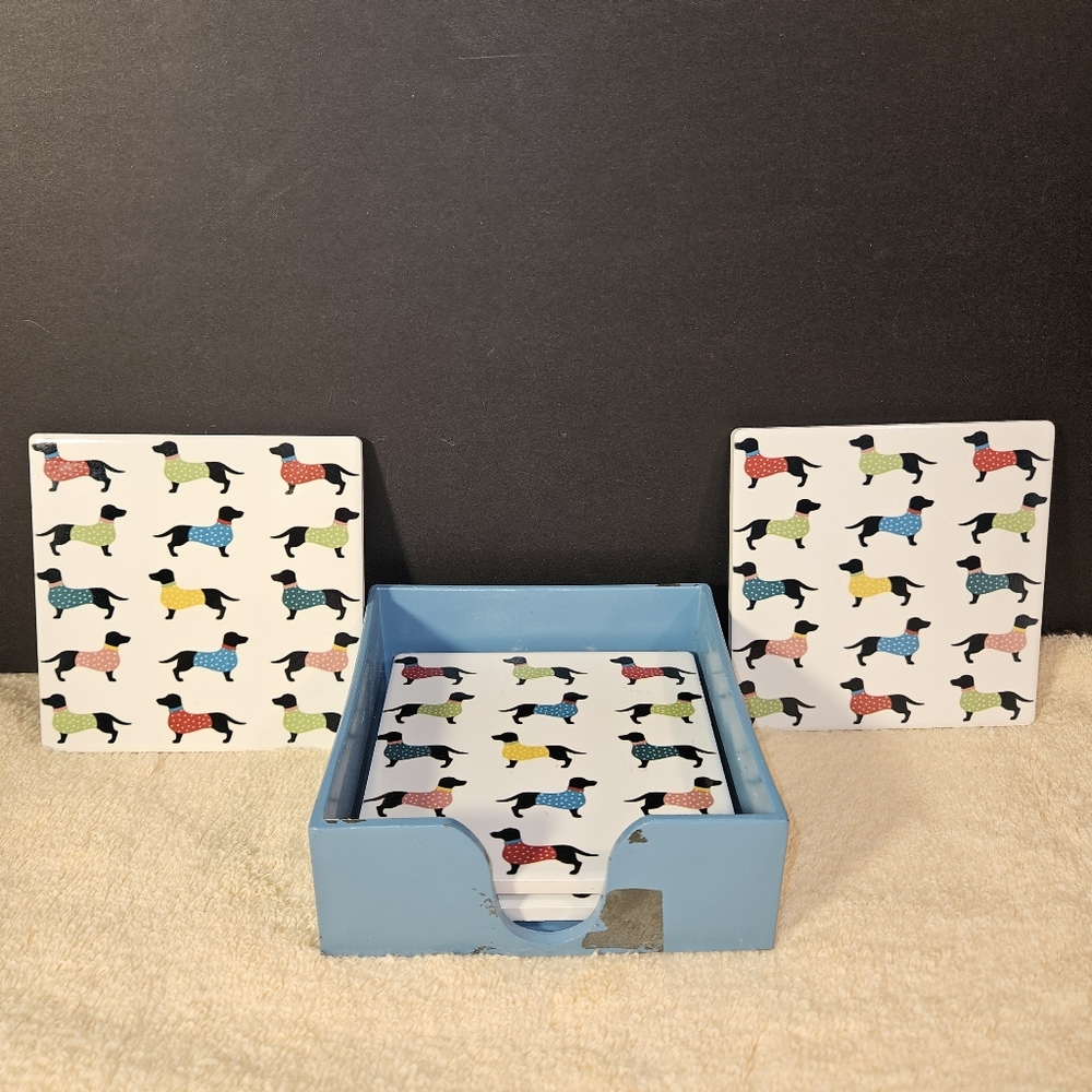 Set of 4 Square Colourful Dotty Dachshund Ceramic Tile Coasters Holder